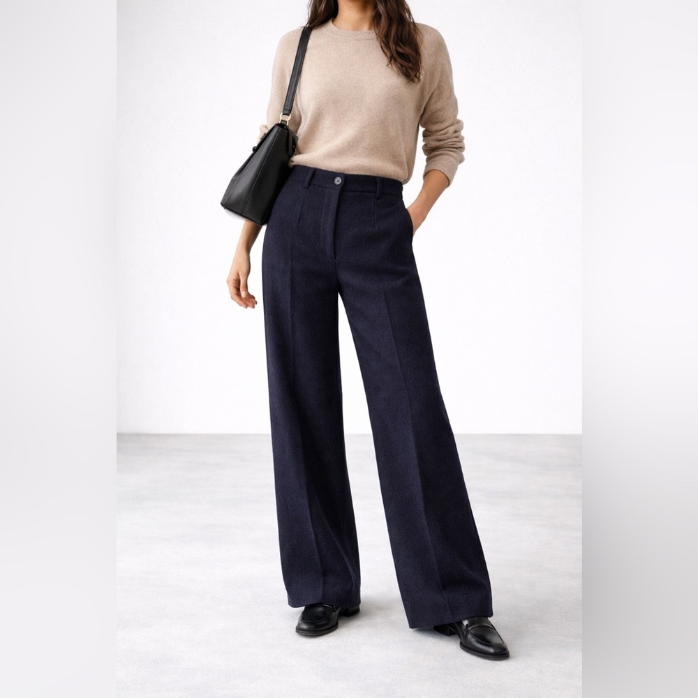 Miu Miu Navy Virgin Wool Wide Leg Trousers IT 52 Women's XL Made in Italy